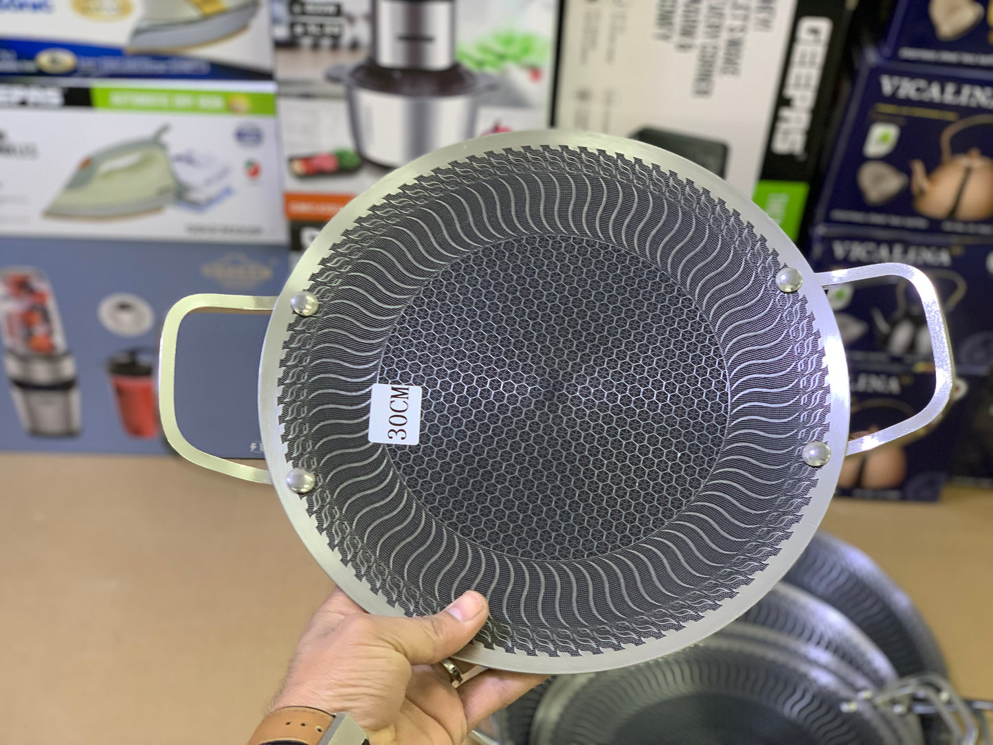 Laser coating honeycomb pattern tawa stainless steel