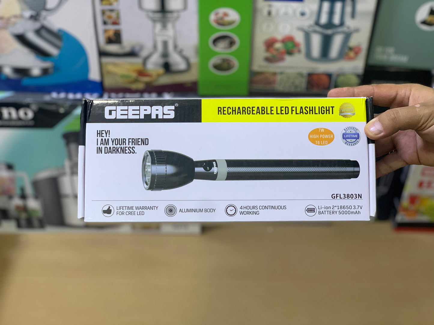 Rechargeable Geepas Handheld Flashlight 4 Hours Backup Aluminum Body and Li-ion 2*18650 3.7v Battery 5000mAh
