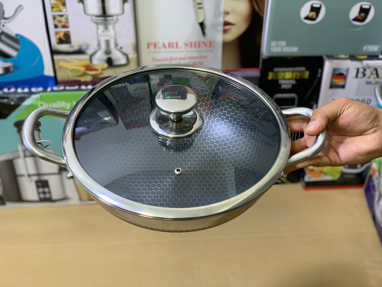 Laser Coating Shallow Type Casserole Handi- Shape Stainless Steel