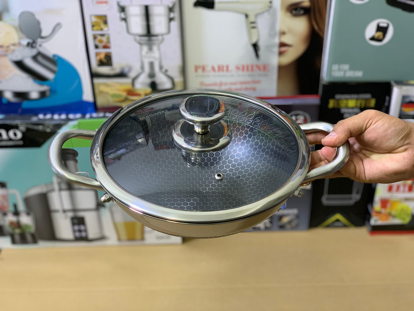 Laser Coating Shallow Type Casserole Handi- Shape Stainless Steel