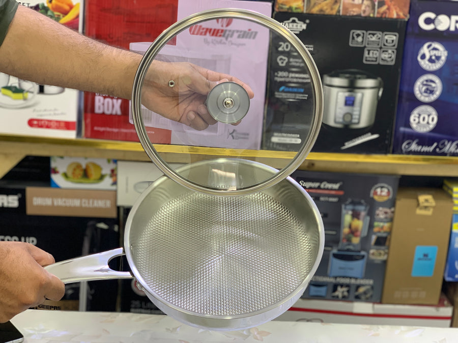 Heavy Weighted HoneyComb Pattern Stainless Steel Frypan with Lid 30cm