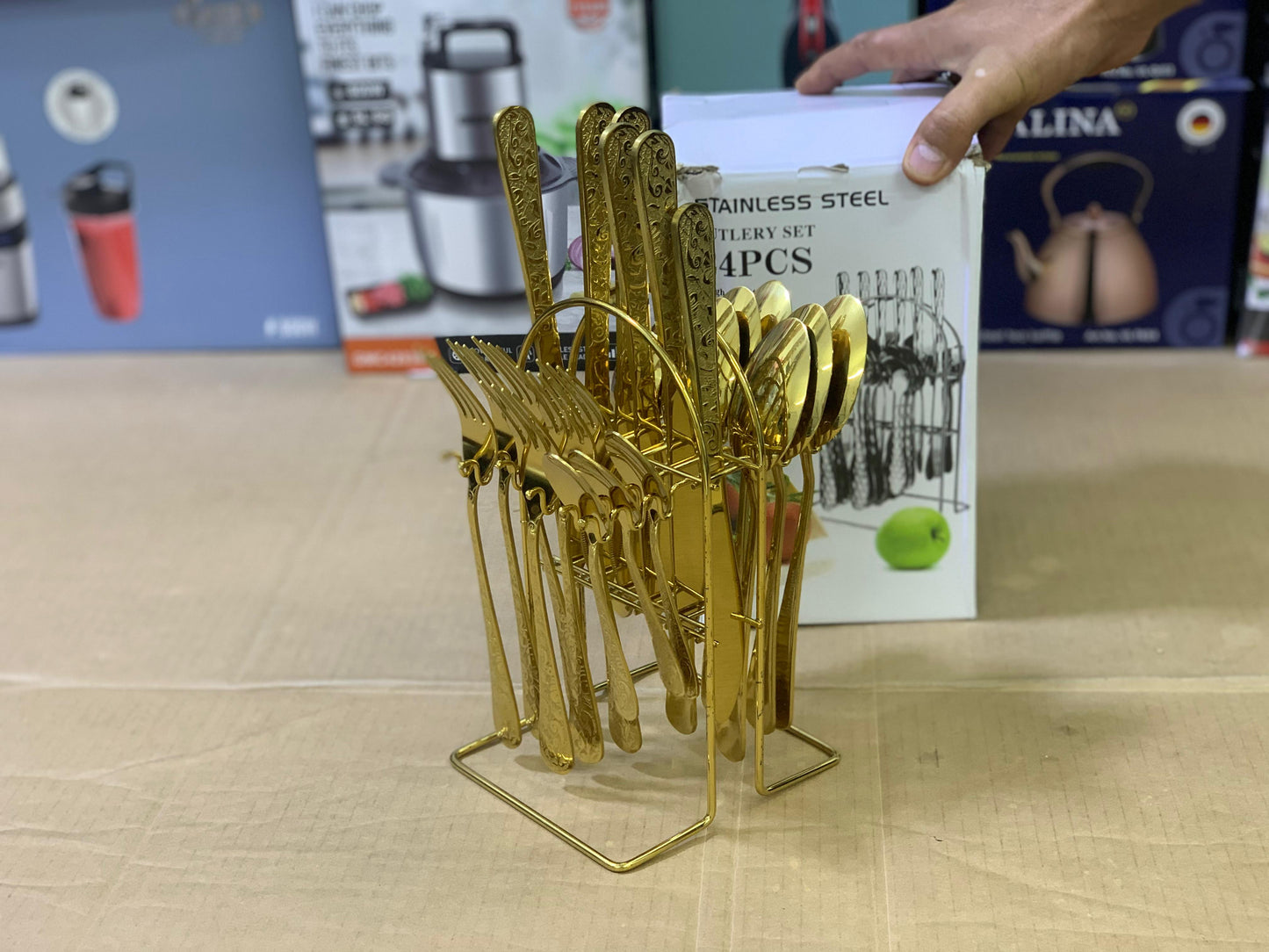 Golden Cutlery Set with Stand